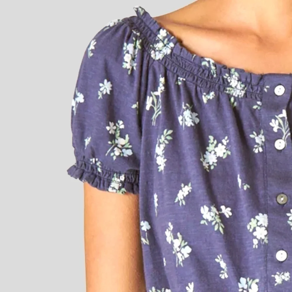 LUCKY BRAND Blue Floral On/Off Shoulder Bubble-Hem-Waist Peasant Top NWT/Lg